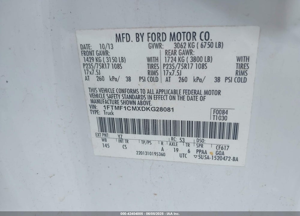 2013 FORD F150 VIN: 1FTMF1CMXDKG28081