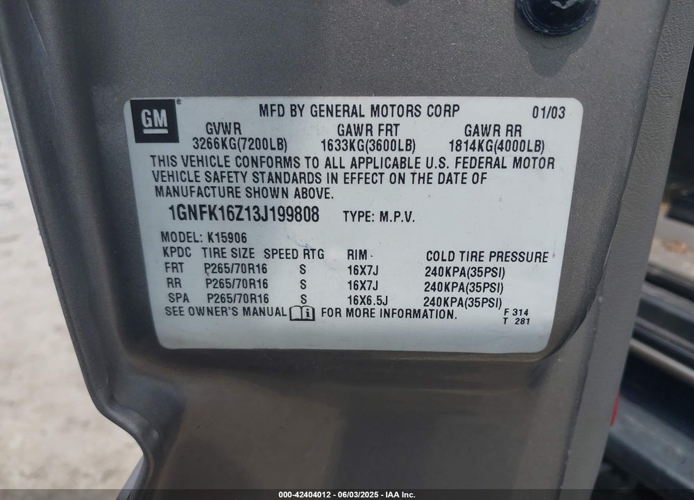 2003 CHEVROLET SUBURBAN K1500 VIN: 1GNFK16Z13J199808