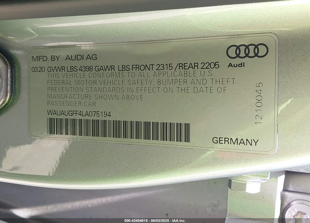 2020 AUDI A3 VIN: WAUAUGFF4LA075194