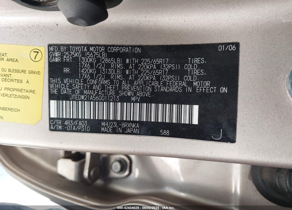 2006 TOYOTA HIGHLANDER HYBRID V6 VIN: JTEDW21A560011213