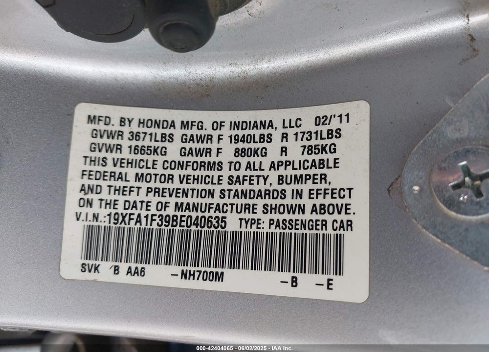 2011 HONDA CIVIC VP VIN: 19XFA1F39BE040635