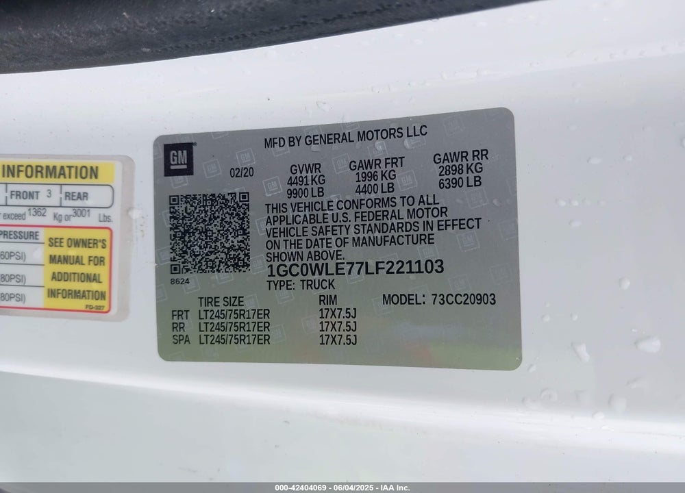 2020 CHEVROLET SILVERADO 2500HD VIN: 1GC0WLE77LF221103