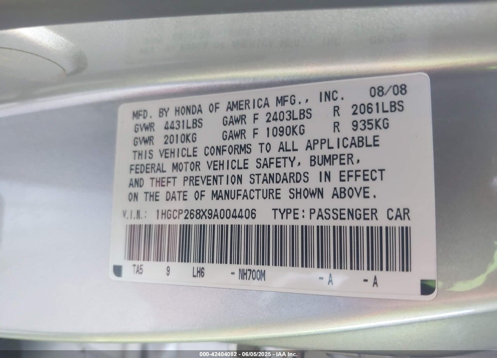 2009 HONDA ACCORD 2.4 EX-L VIN: 1HGCP268X9A004406