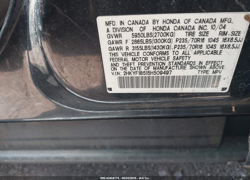 2005 HONDA PILOT EX-L VIN: 2HKYF18515H509497