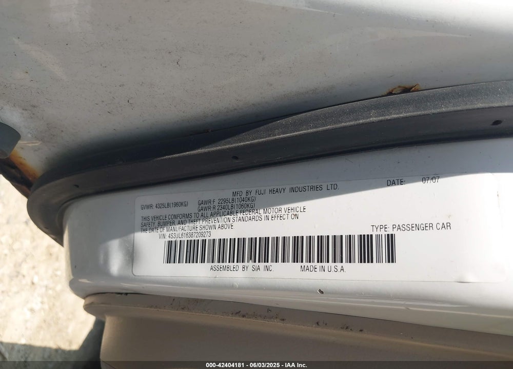 2008 SUBARU LEGACY 2.5I VIN: 4S3BL616387209273
