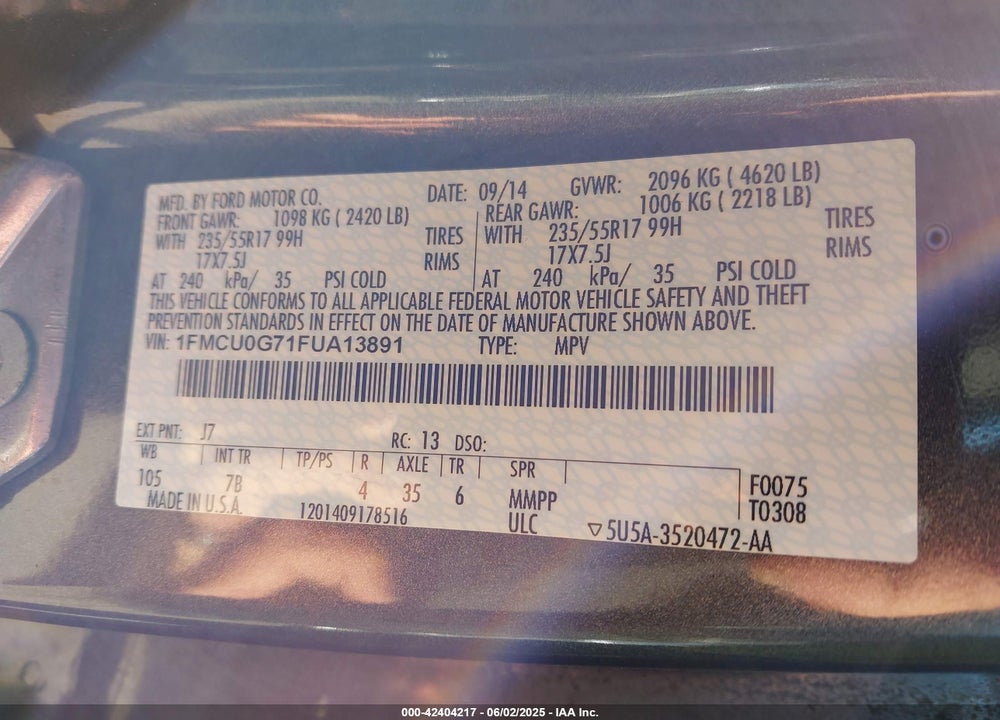 2015 FORD ESCAPE SE VIN: 1FMCU0G71FUA13891