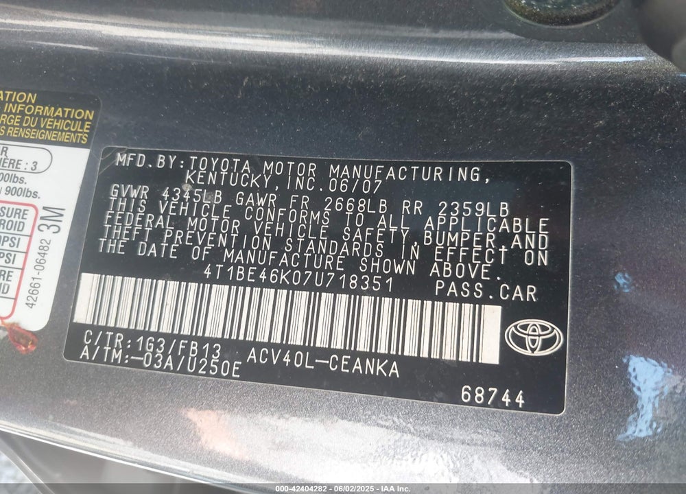 2007 TOYOTA CAMRY VIN: 4T1BE46K07U718351