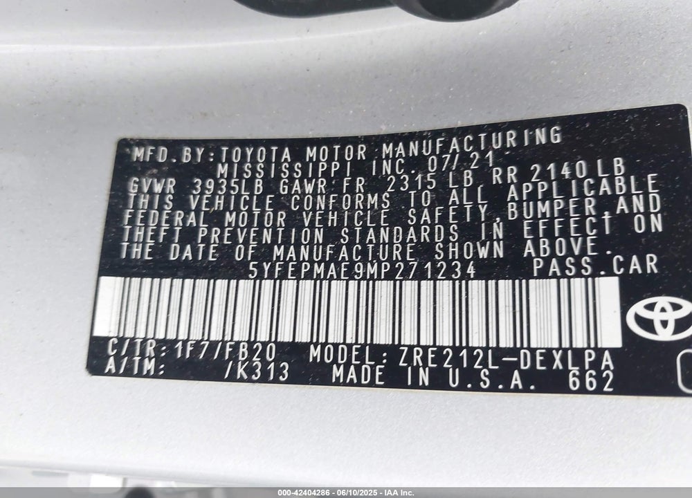 2021 TOYOTA COROLLA VIN: 5YFEPMAE9MP271234