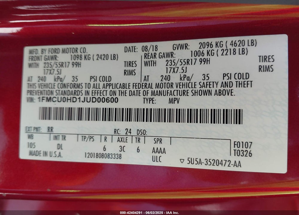 2018 FORD ESCAPE VIN: 1FMCU0HD1JUD00600