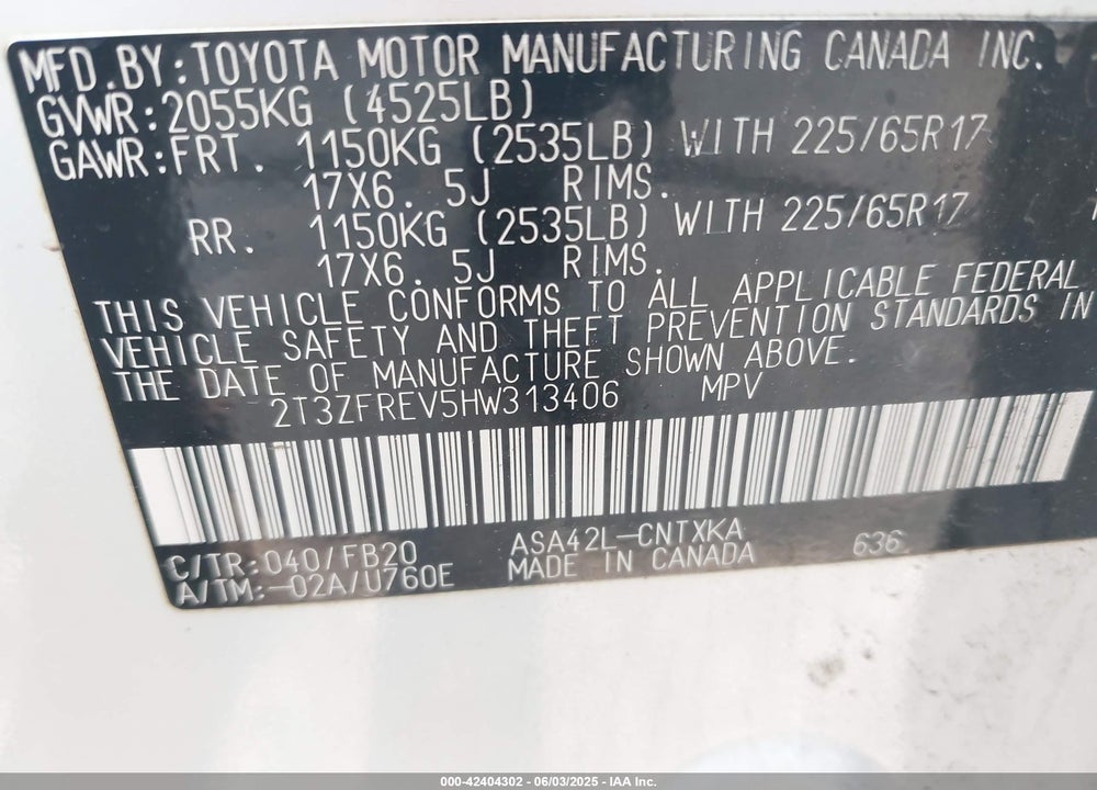 2017 TOYOTA RAV4 LE VIN: 2T3ZFREV5HW313406