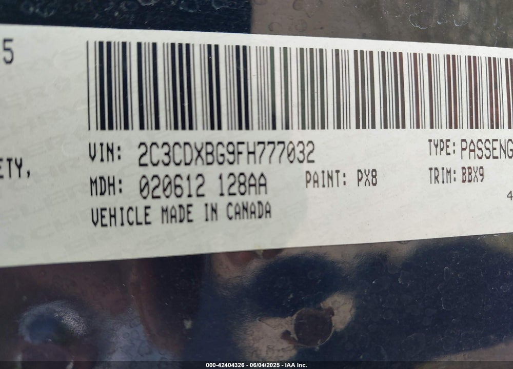 2015 DODGE CHARGER VIN: 2C3CDXBG9FH777032