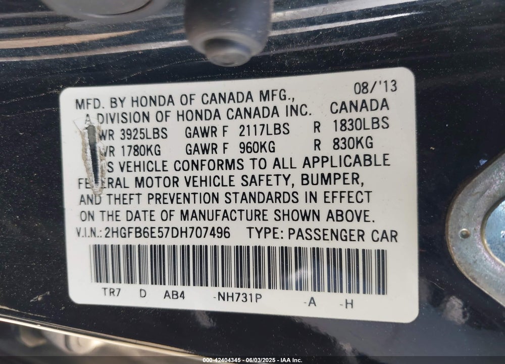 2013 HONDA CIVIC SI VIN: 2HGFB6E57DH707496