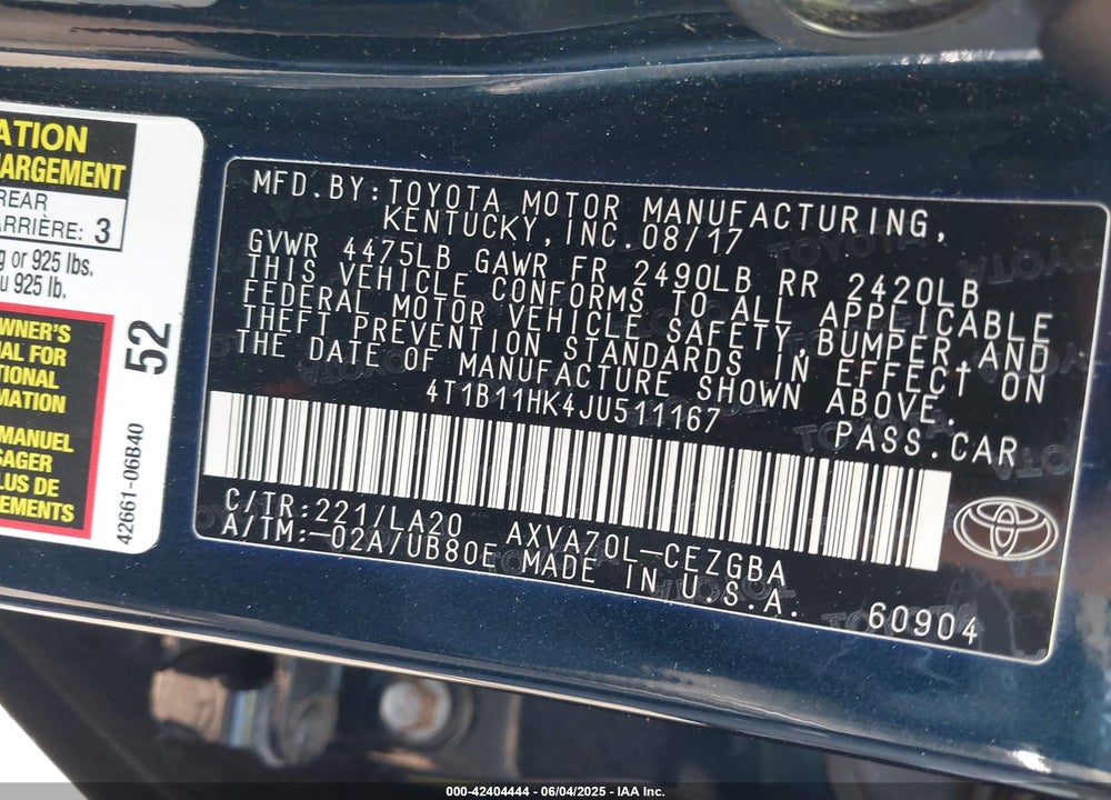 2018 TOYOTA CAMRY VIN: 4T1B11HK4JU511167