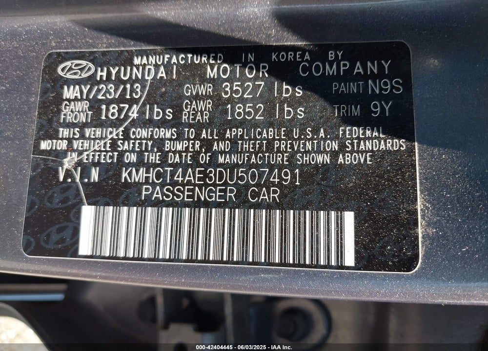 2013 HYUNDAI ACCENT VIN: KMHCT4AE3DU507491