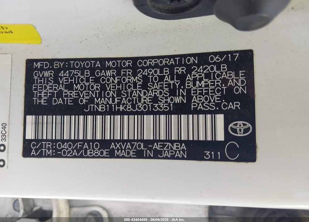 2018 TOYOTA CAMRY VIN: JTNB11HK8J3013351