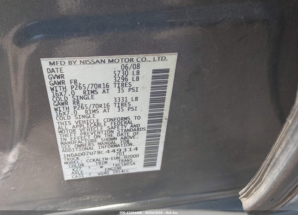 2008 NISSAN FRONTIER VIN: 1N6AD07U78C449314