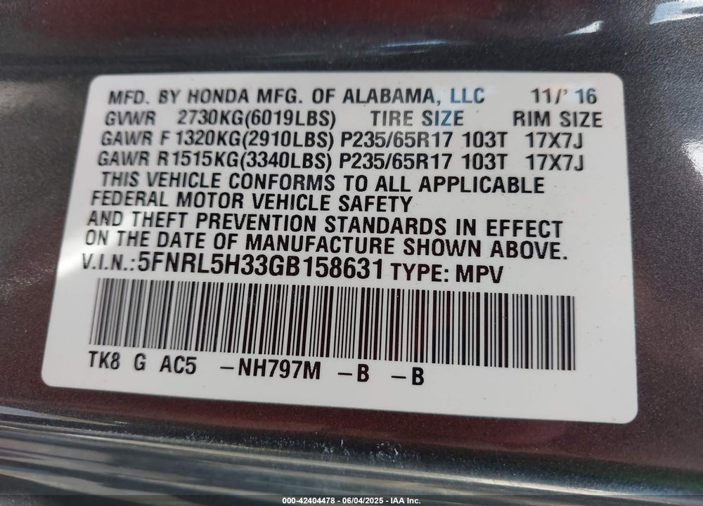 2016 HONDA ODYSSEY SE VIN: 5FNRL5H33GB158631