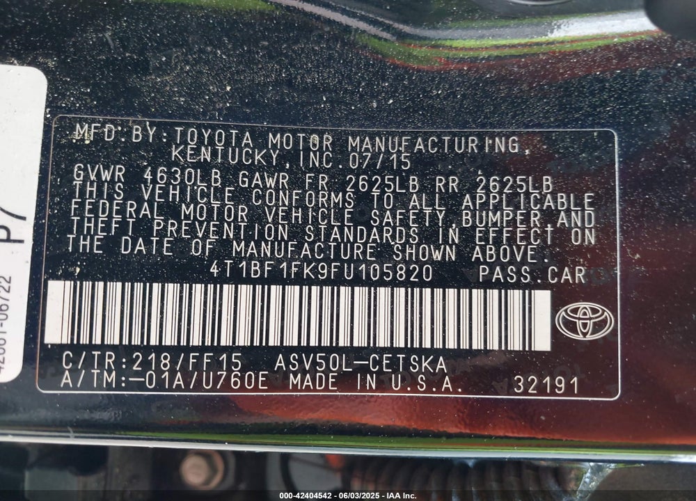 2015 TOYOTA CAMRY SE VIN: 4T1BF1FK9FU105820