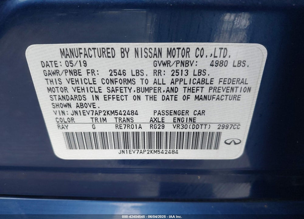 2019 INFINITI Q50 VIN: JN1EV7AP2KM542484