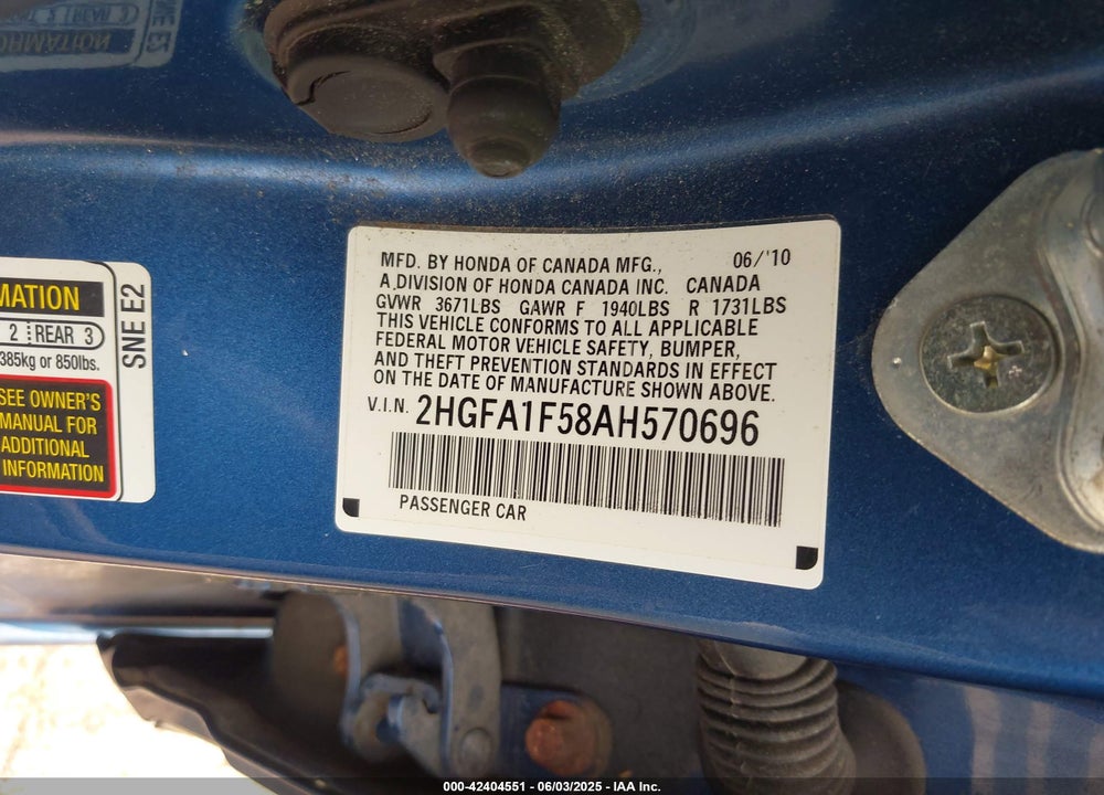2010 HONDA CIVIC VIN: 2HGFA1F58AH570696