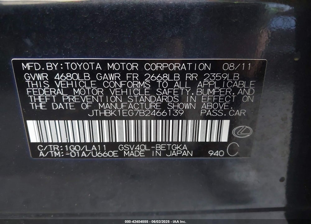 2011 LEXUS ES 350 VIN: JTHBK1EG7B2466139