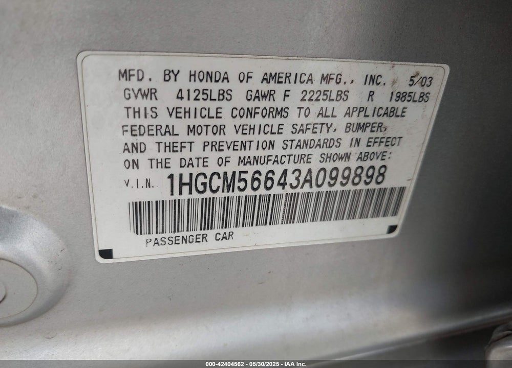 2003 HONDA ACCORD 2.4 EX VIN: 1HGCM56643A099898