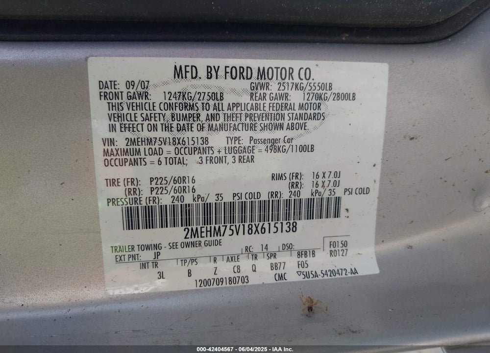 2008 MERCURY GRAND MARQUIS VIN: 2MEHM75V18X615138