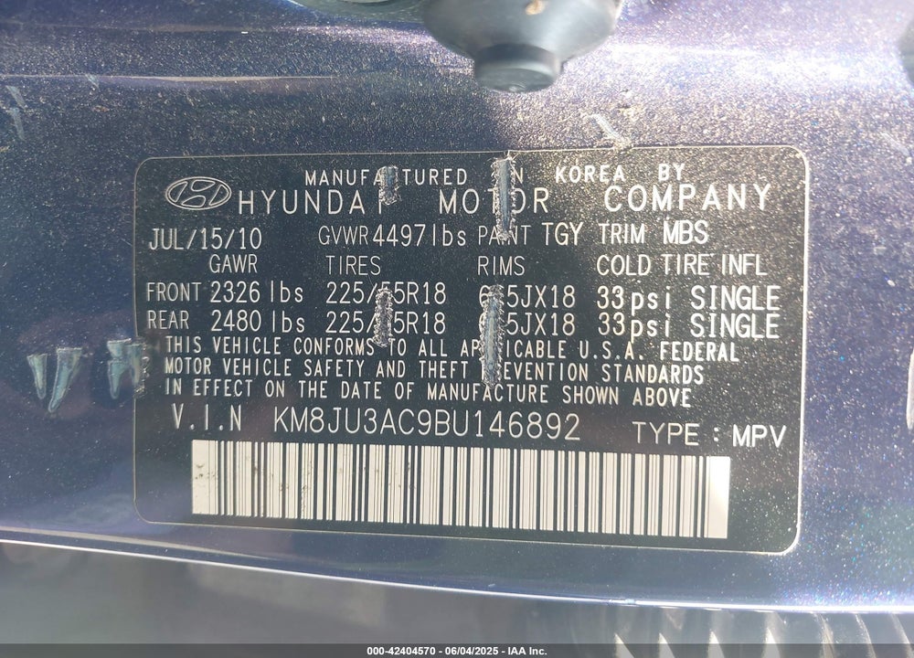 2011 HYUNDAI TUCSON VIN: KM8JU3AC9BU146892