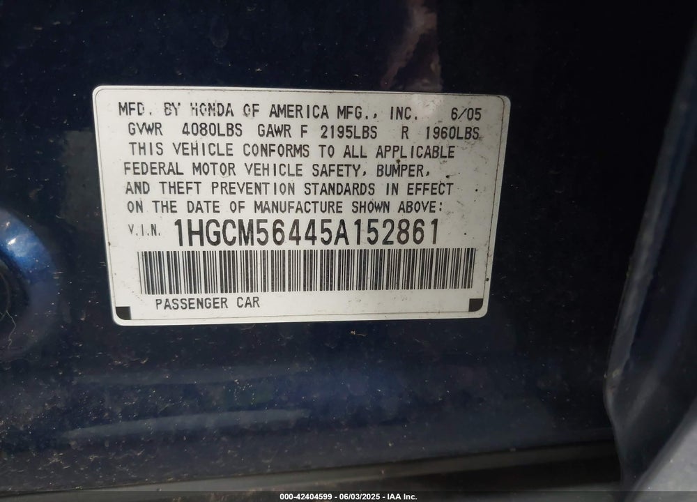 2005 HONDA ACCORD 2.4 LX VIN: 1HGCM56445A152861