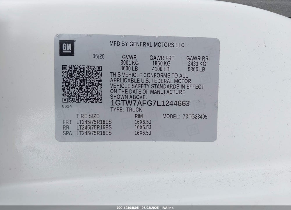 2020 GMC SAVANA CARGO VIN: 1GTW7AFG7L1244663