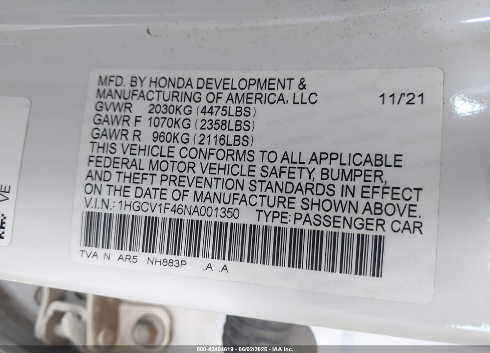 2022 HONDA ACCORD VIN: 1HGCV1F46NA001350