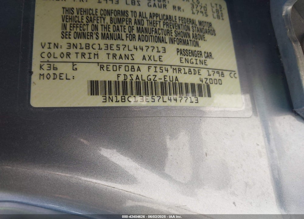 2007 NISSAN VERSA 1.8SL VIN: 3N1BC13E57L447713