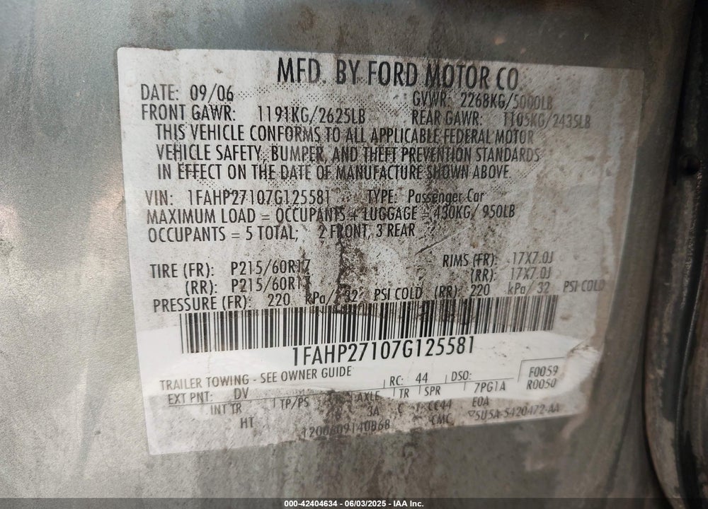 2007 FORD FIVE HUNDRED SEL VIN: 1FAHP27107G125581