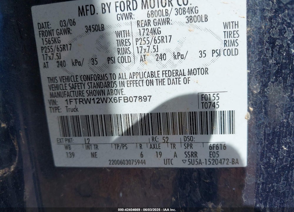 2006 FORD F-150 VIN: 1FTRW12WX6FB07897