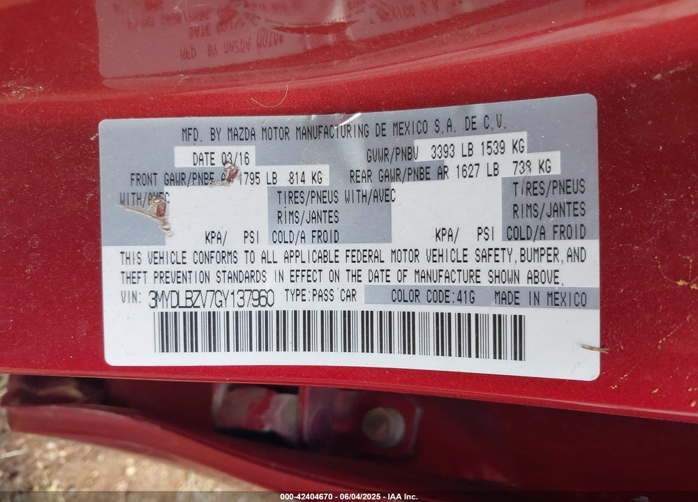 2016 SCION IA VIN: 3MYDLBZV7GY137960
