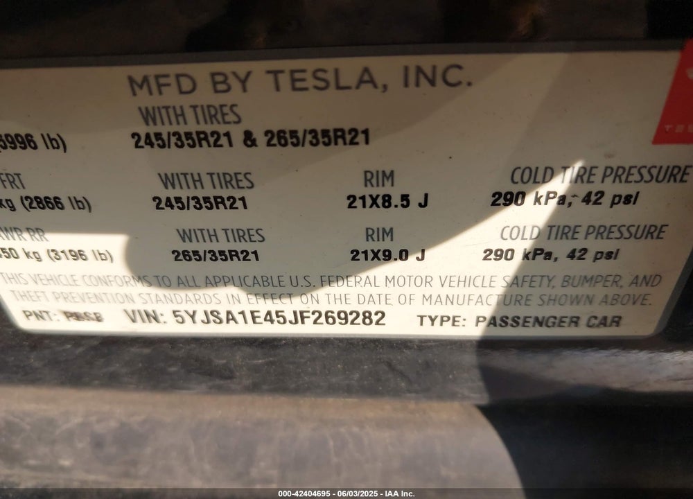 2018 TESLA MODEL S 100D/75D/P100D VIN: 5YJSA1E45JF269282