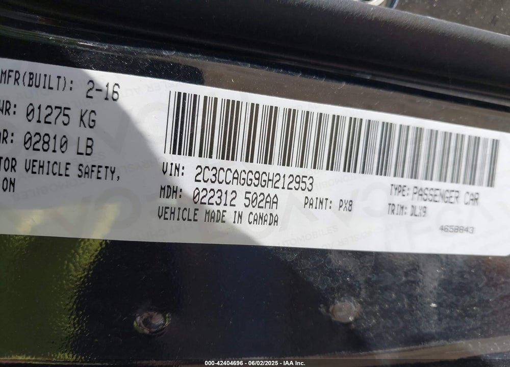 2016 CHRYSLER 300 VIN: 2C3CCAGG9GH212953