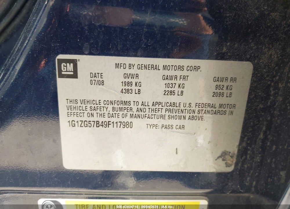 2009 CHEVROLET MALIBU VIN: 1G1ZG57B49F117980