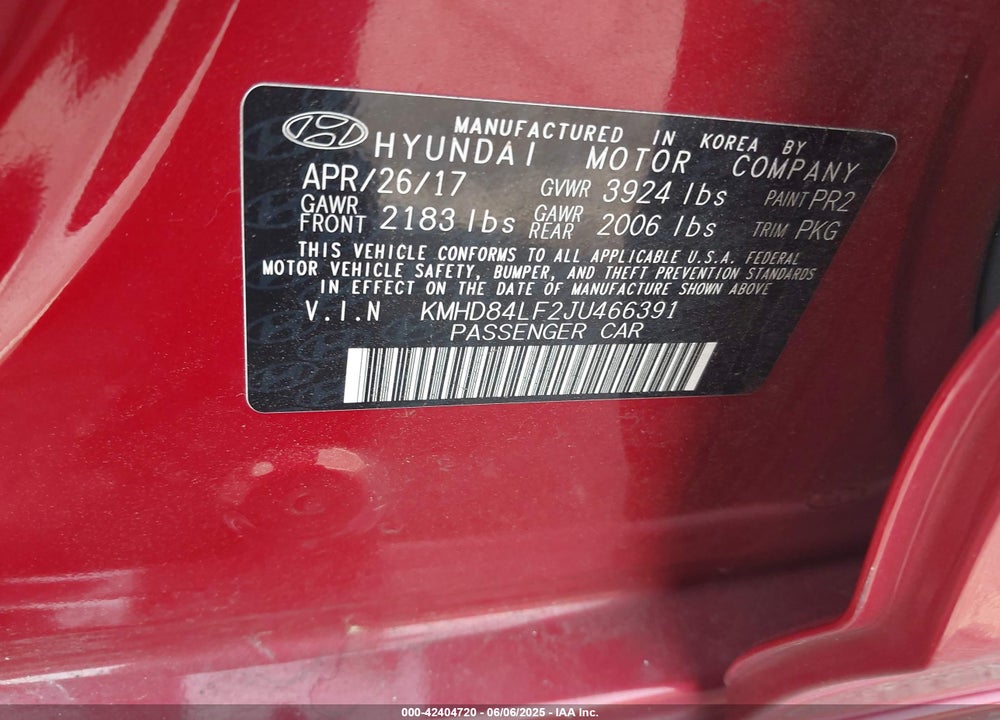2018 HYUNDAI ELANTRA VIN: KMHD84LF2JU466391