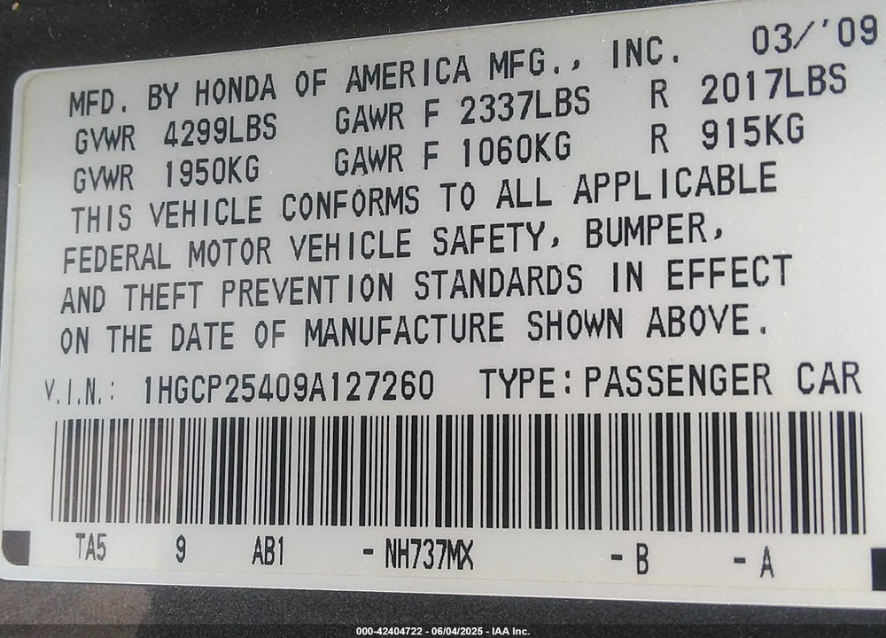 2009 HONDA ACCORD VIN: 1HGCP25409A127260