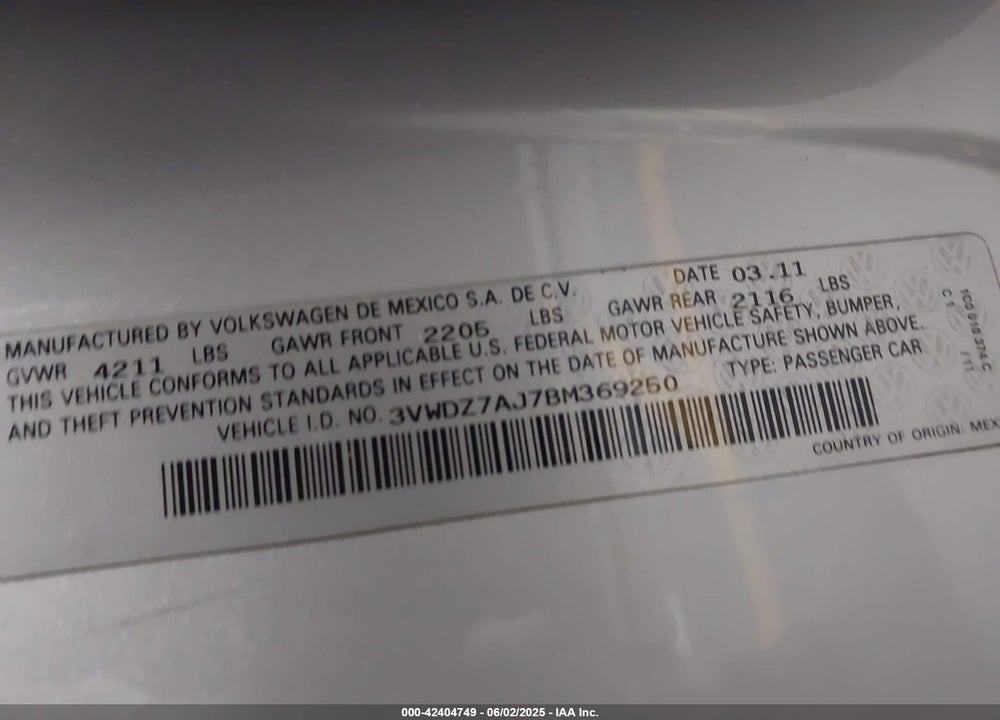 2011 VOLKSWAGEN JETTA VIN: 3VWDZ7AJ7BM369250