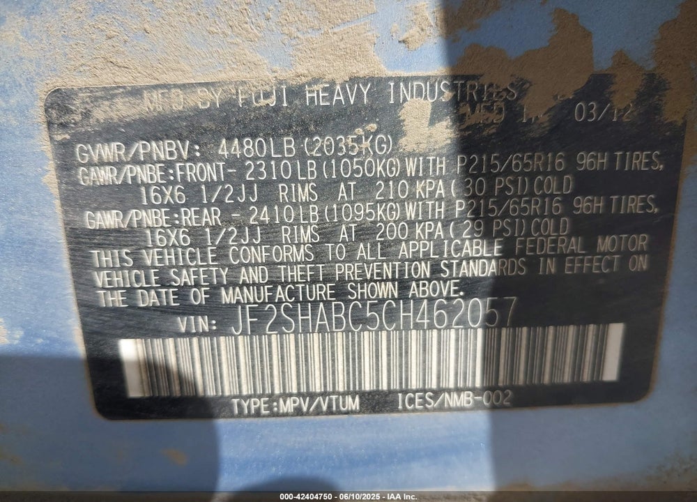 2012 SUBARU FORESTER 2.5X VIN: JF2SHABC5CH462057