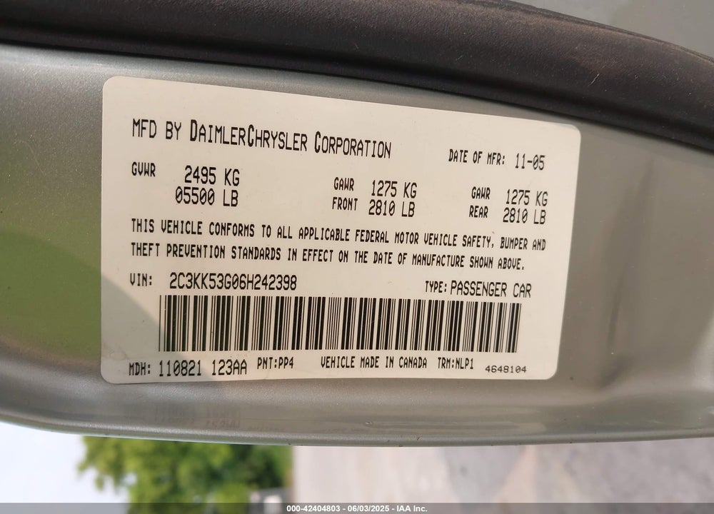 2006 CHRYSLER 300 TOURING VIN: 2C3KK53G06H242398