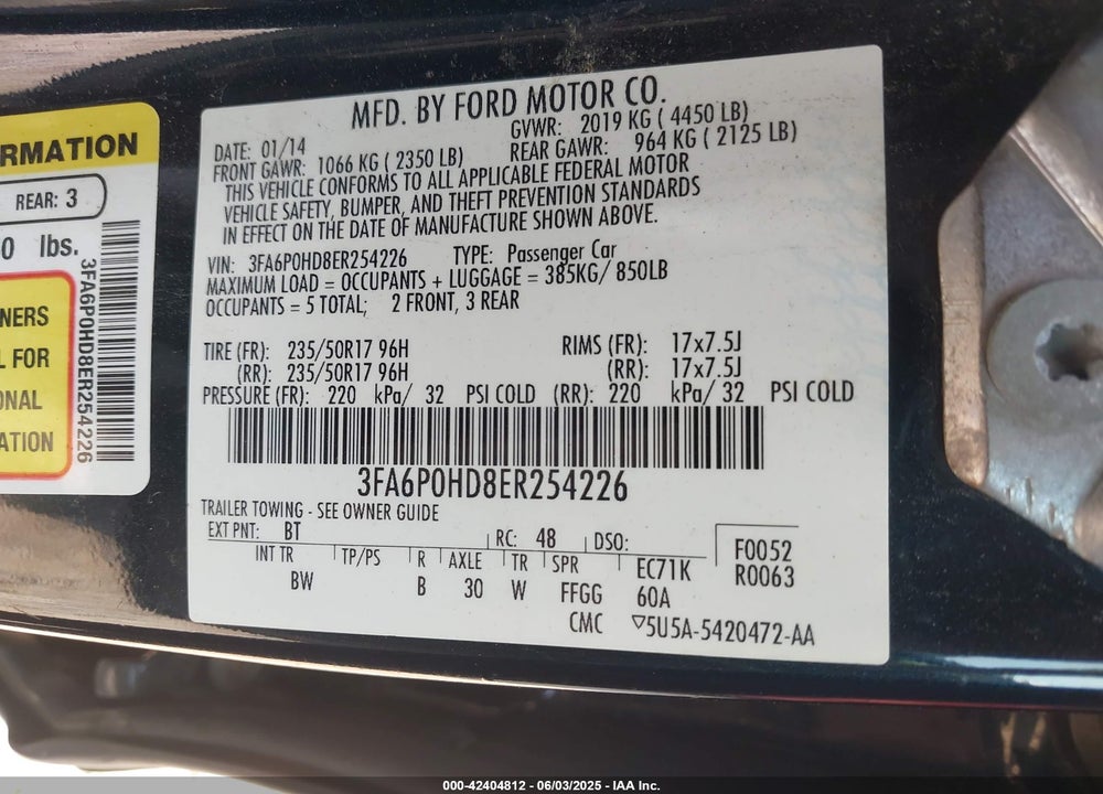 2014 FORD FUSION SE VIN: 3FA6P0HD8ER254226