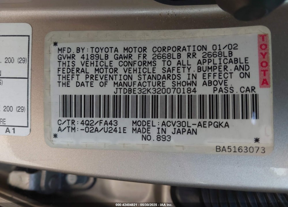 2002 TOYOTA CAMRY XLE VIN: JTDBE32K320070184