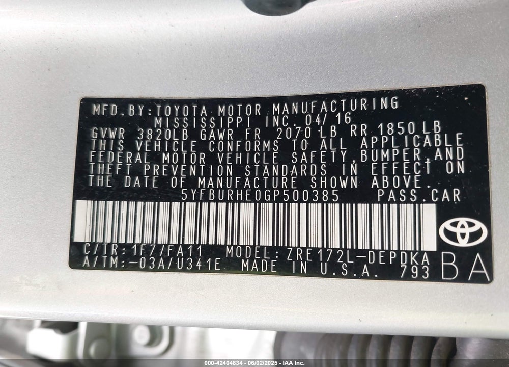 2016 TOYOTA COROLLA L VIN: 5YFBURHE0GP500385