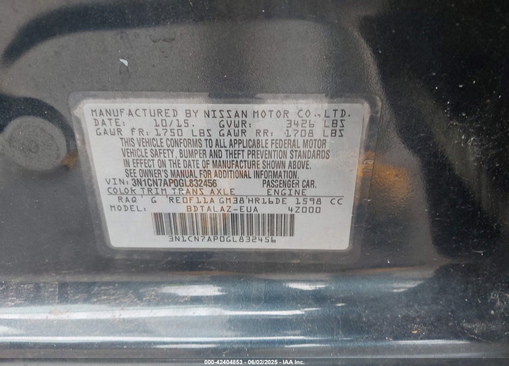 2016 NISSAN VERSA 1.6 S+ VIN: 3N1CN7AP0GL832456