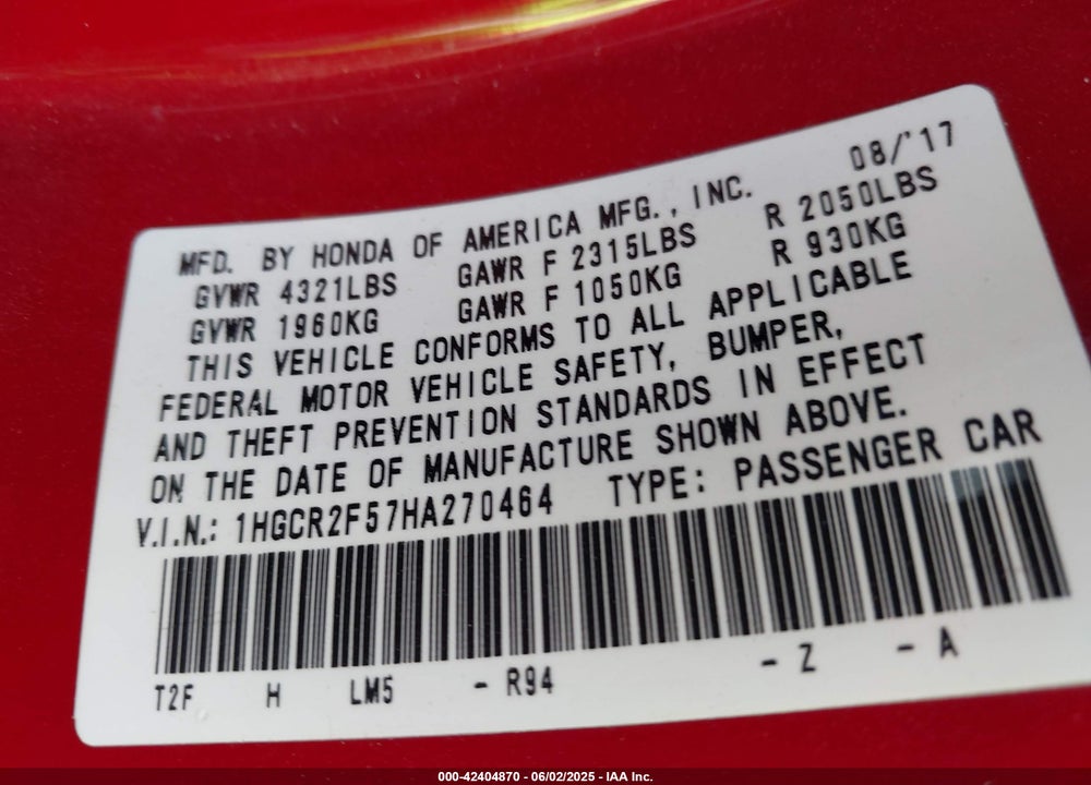 2017 HONDA ACCORD VIN: 1HGCR2F57HA270464