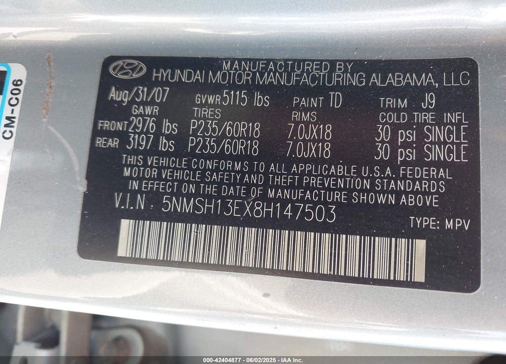2008 HYUNDAI SANTA FE VIN: 5NMSH13EX8H147503