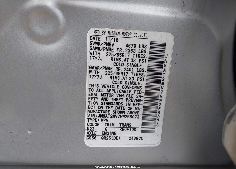 2017 NISSAN ROGUE S VIN: JN8AT2MV7HW258073